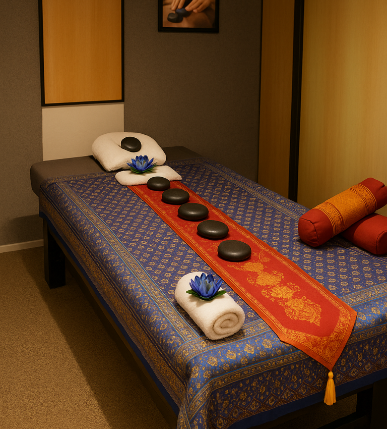 Einzelmassage Raum Wasana Kelmis Massagetisch mit heißen Steinen, dekoriert mit Blumen und Handtüchern.